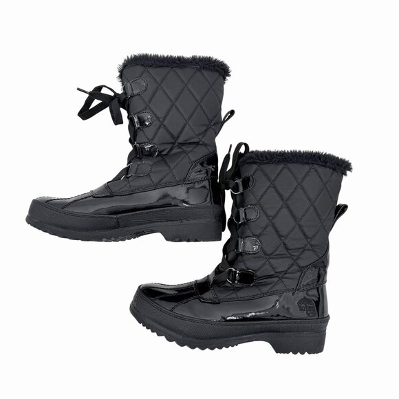 TOTES CLAUDIA BLACK QUILTED & SHINY LACE UP WINTER SNOW BOOTS W/ FAUX FUR 7 - Picture 3 of 9